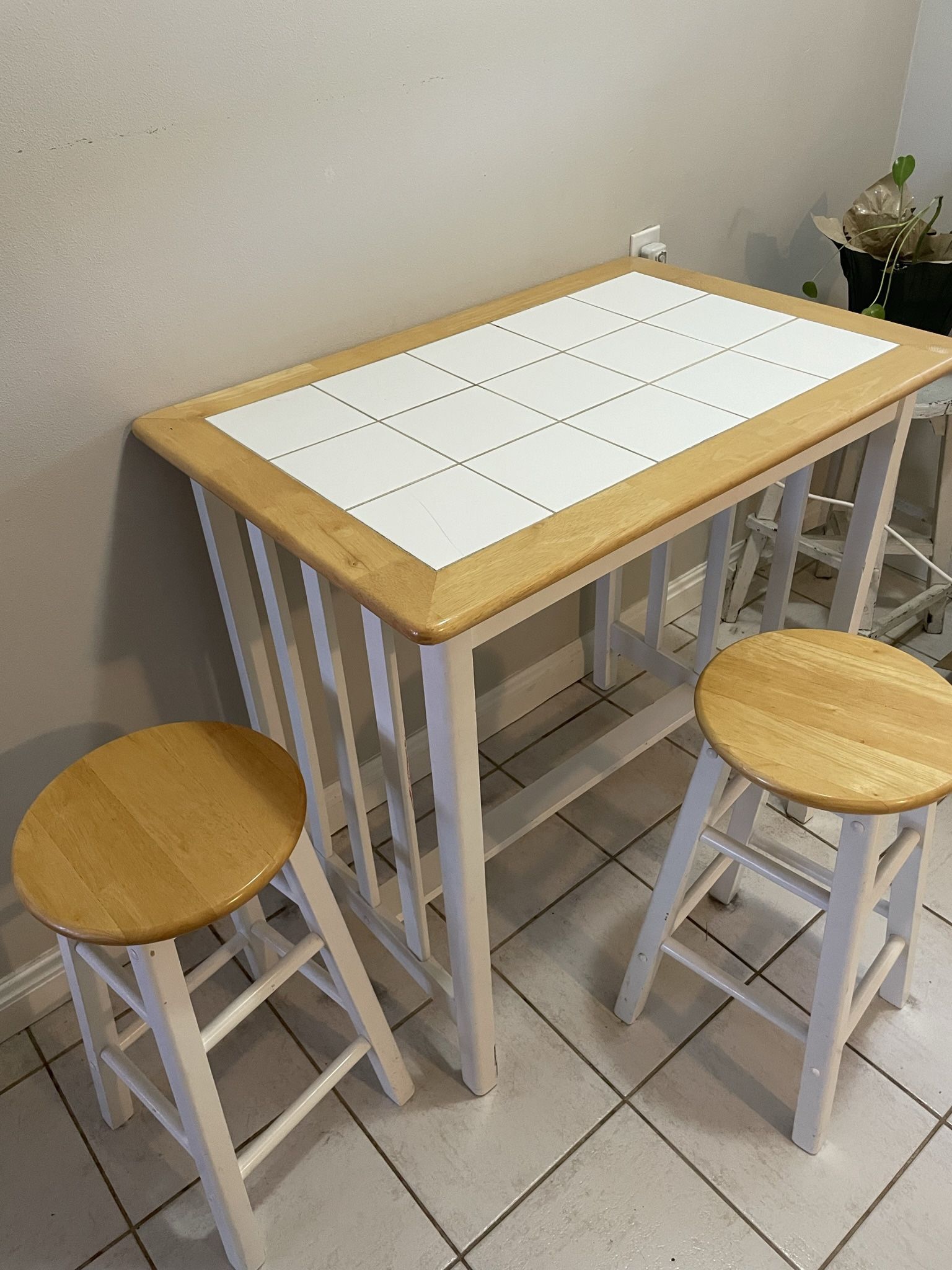 Wood & Tile Kitchen Table with Stools