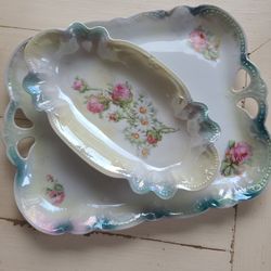 Vintage Double Handle Flower Serving Cake Plate jewelry tray P.K.Silesia oval trinket pickle dish