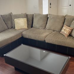Couch Sofa w/ Chaise - Two Piece, Black Faux Leather and Green Washable Cushions