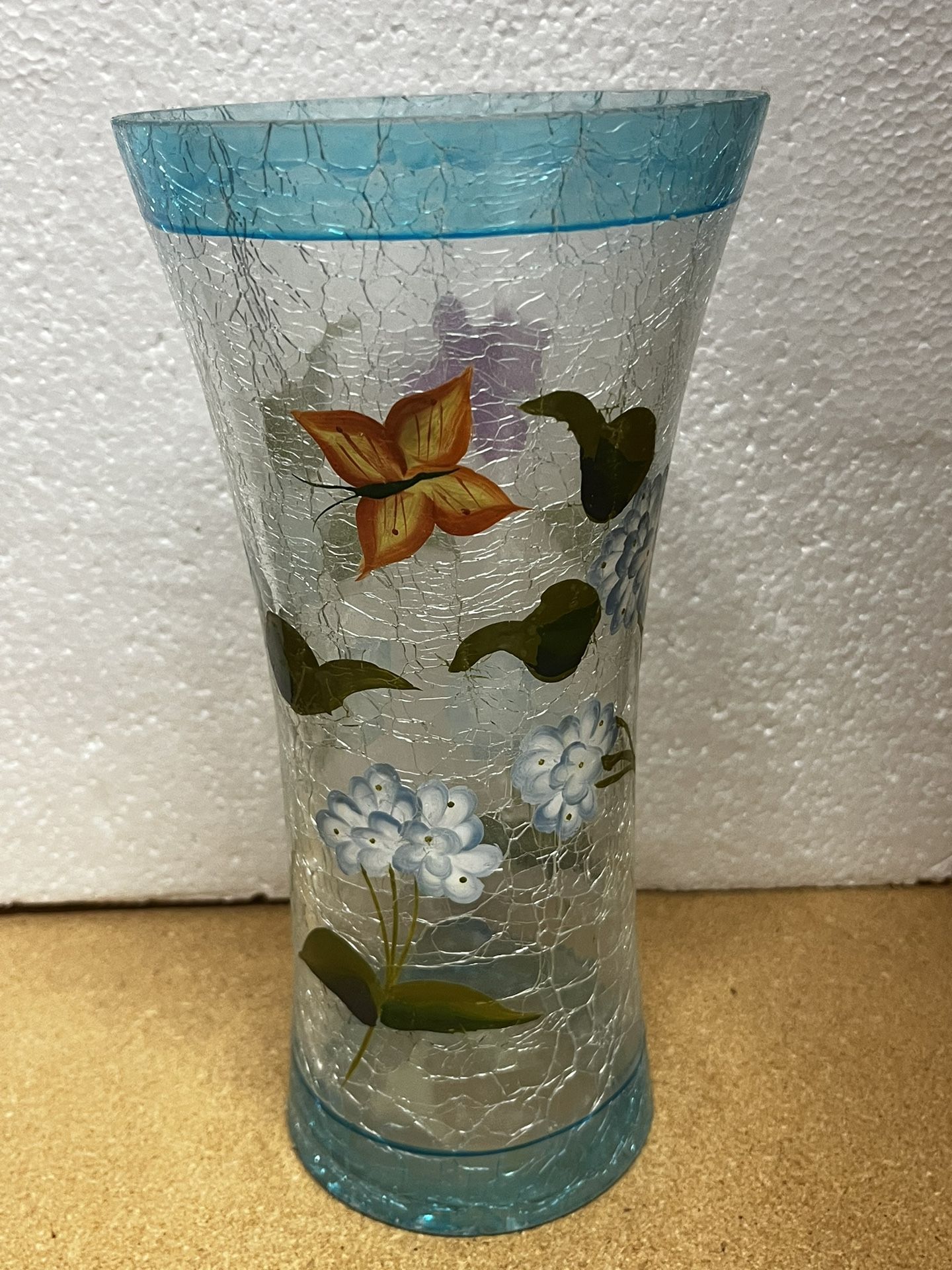 Tall Hand Painted Crackle Flower Vase Butterfly Hydrangeas Floral Farm Chic