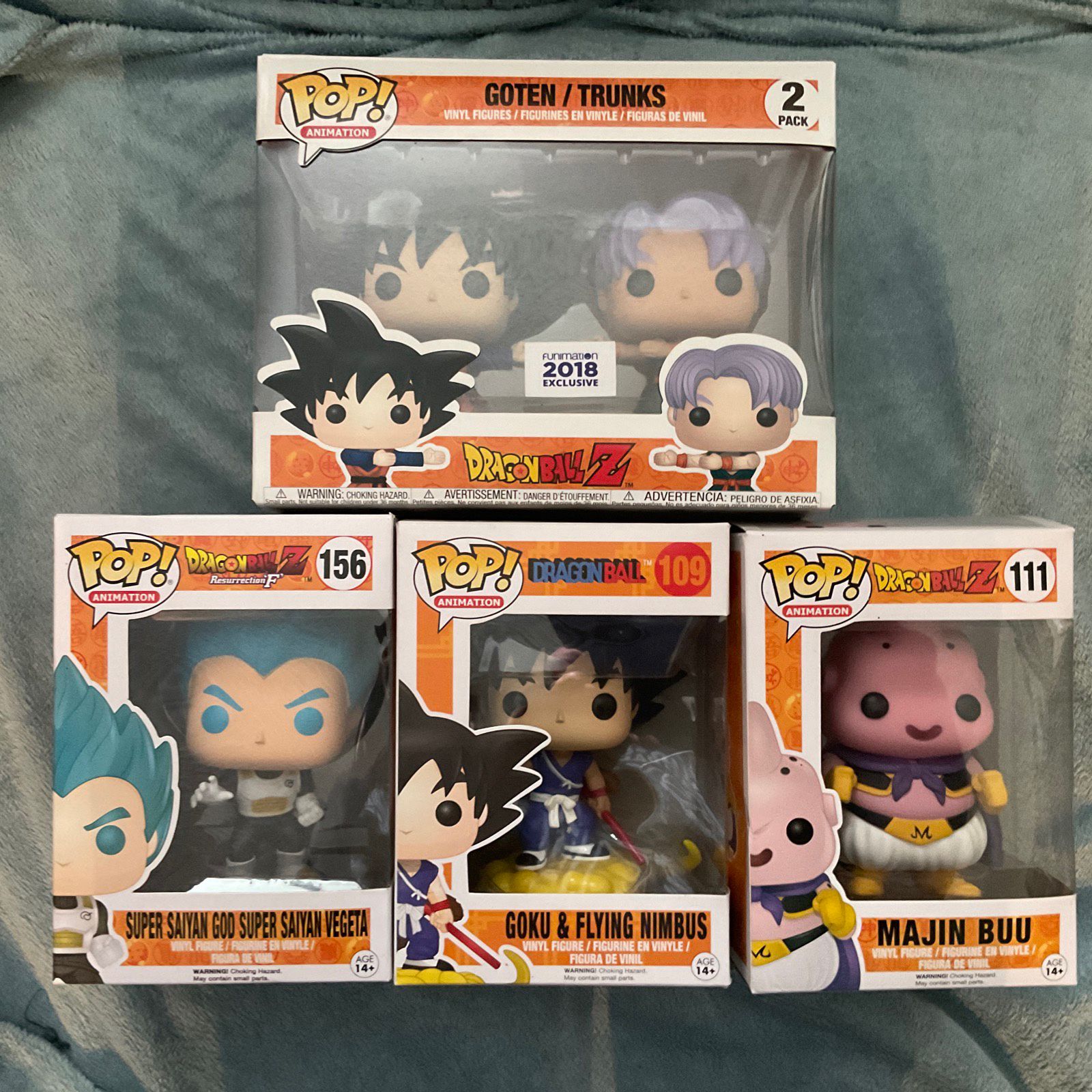 Funko Pop! Dragon Ball Z 2 Pack Goten / Trunks Fusion Bundle W Goku W Nimbus, Majin Buu Super Saiyan God Vegeta