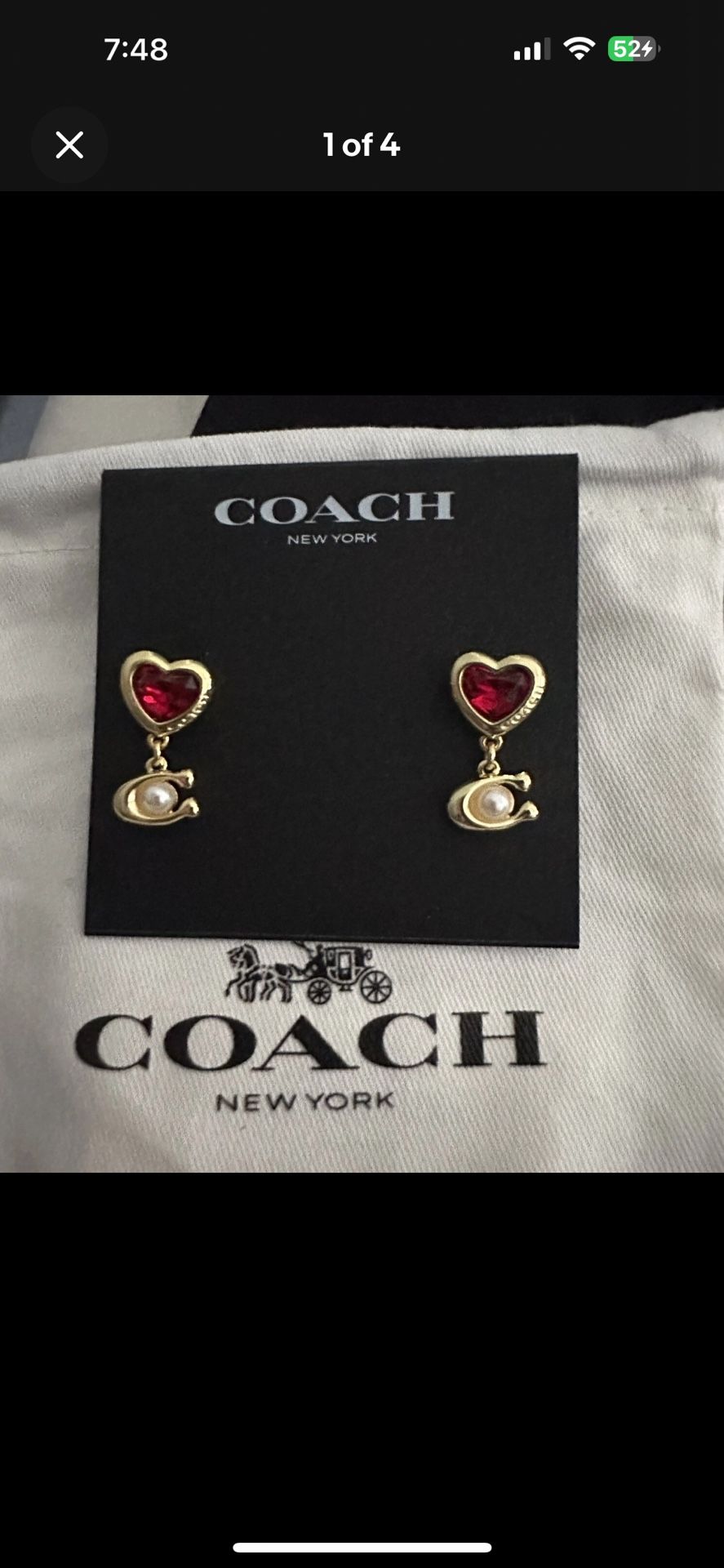 NWT! Coach Red Ruby Heart Shaped Logo Pearl Studs Earrings Valentine’s Day