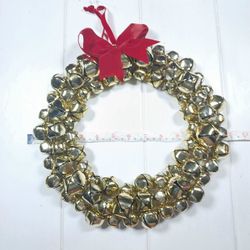 Holiday Christmas Large Jingle Bell Wreath 12”Gold Metal  Hanging Indoor Outdoor