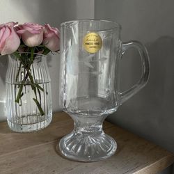 Set Of 4 Or 1 Brand New In Box With Paperwork Princess House Heritage Etched Tempered glass Irish Footed Coffee Mug, manufactured in France 