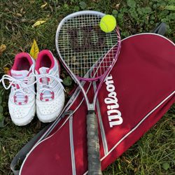 Tennis Racket, Bag, And Shoes