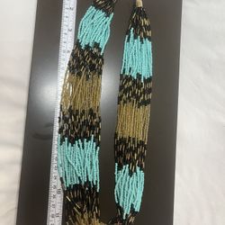 Multi Strand Tiered Seed Bead Necklace Bohemian Gypsy Style Brown Gold Turquoise