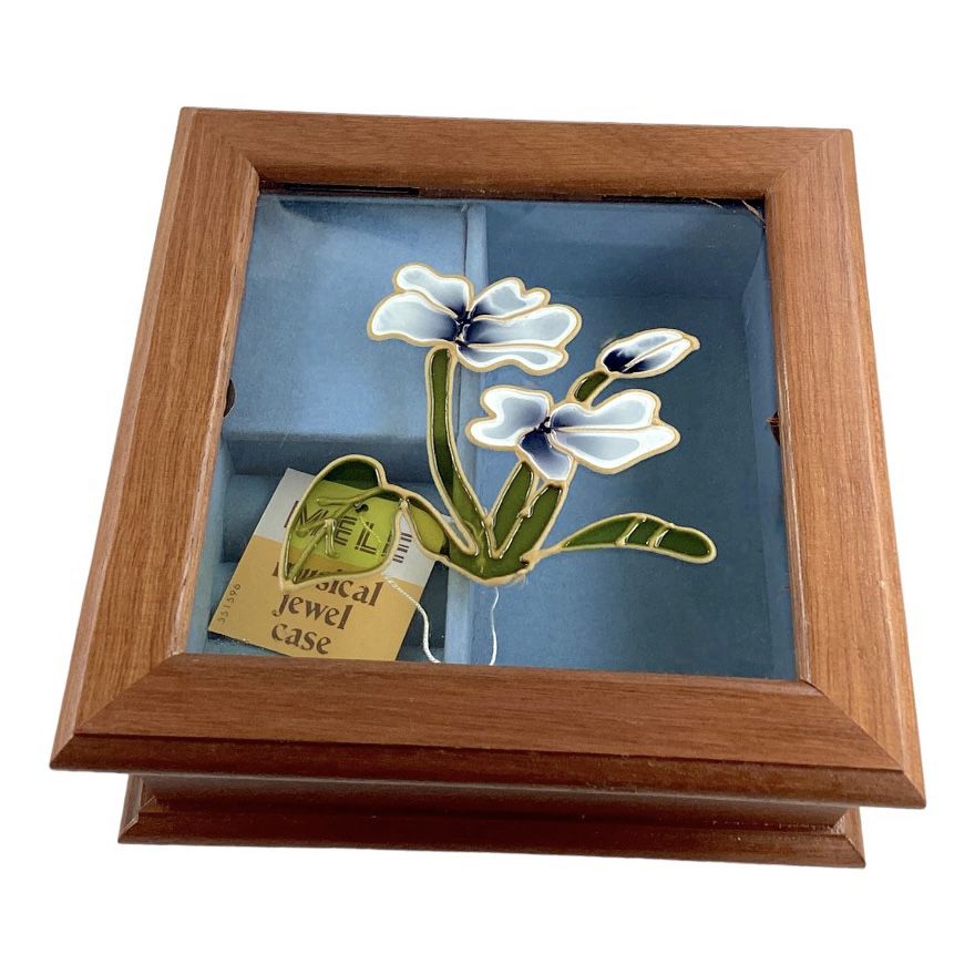 Mele square musical jewelry box wooden glass lid floral blue velvet vintage