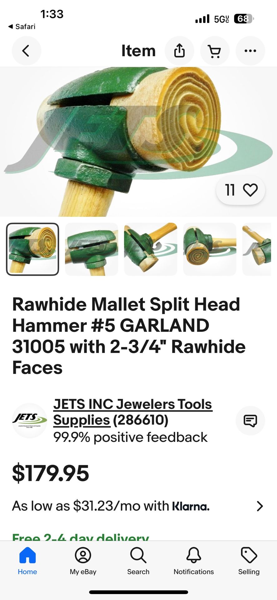 Rawhide Mallet Split Head Hammer #5 GARLAND 31005 with 2-3/4" Rawhide