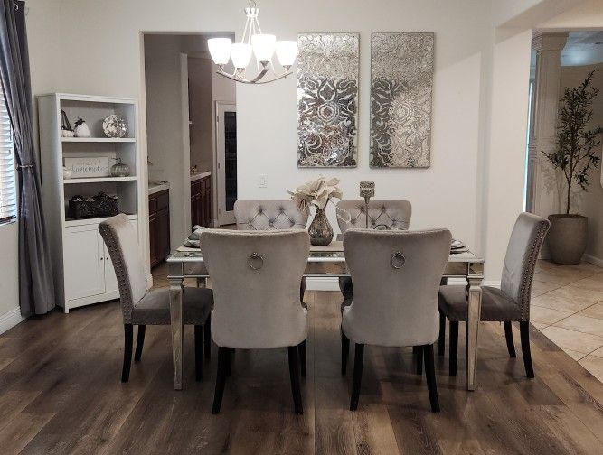 Mirrored Dining Table with 6 Grey chairs Z gallerie glam modern lamp plus