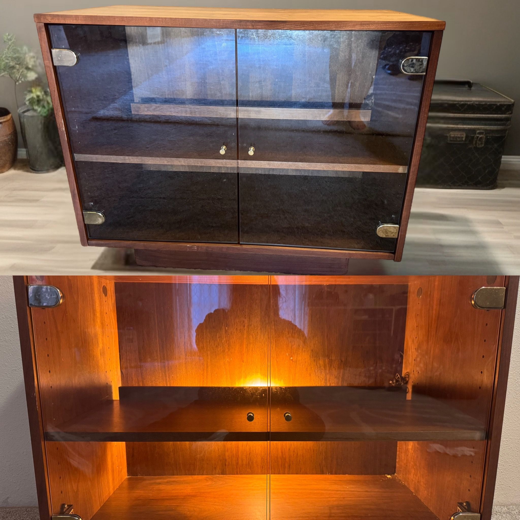 Walnut & Glass Mid Century Modern Lighted Cabinet with adjustable shelf