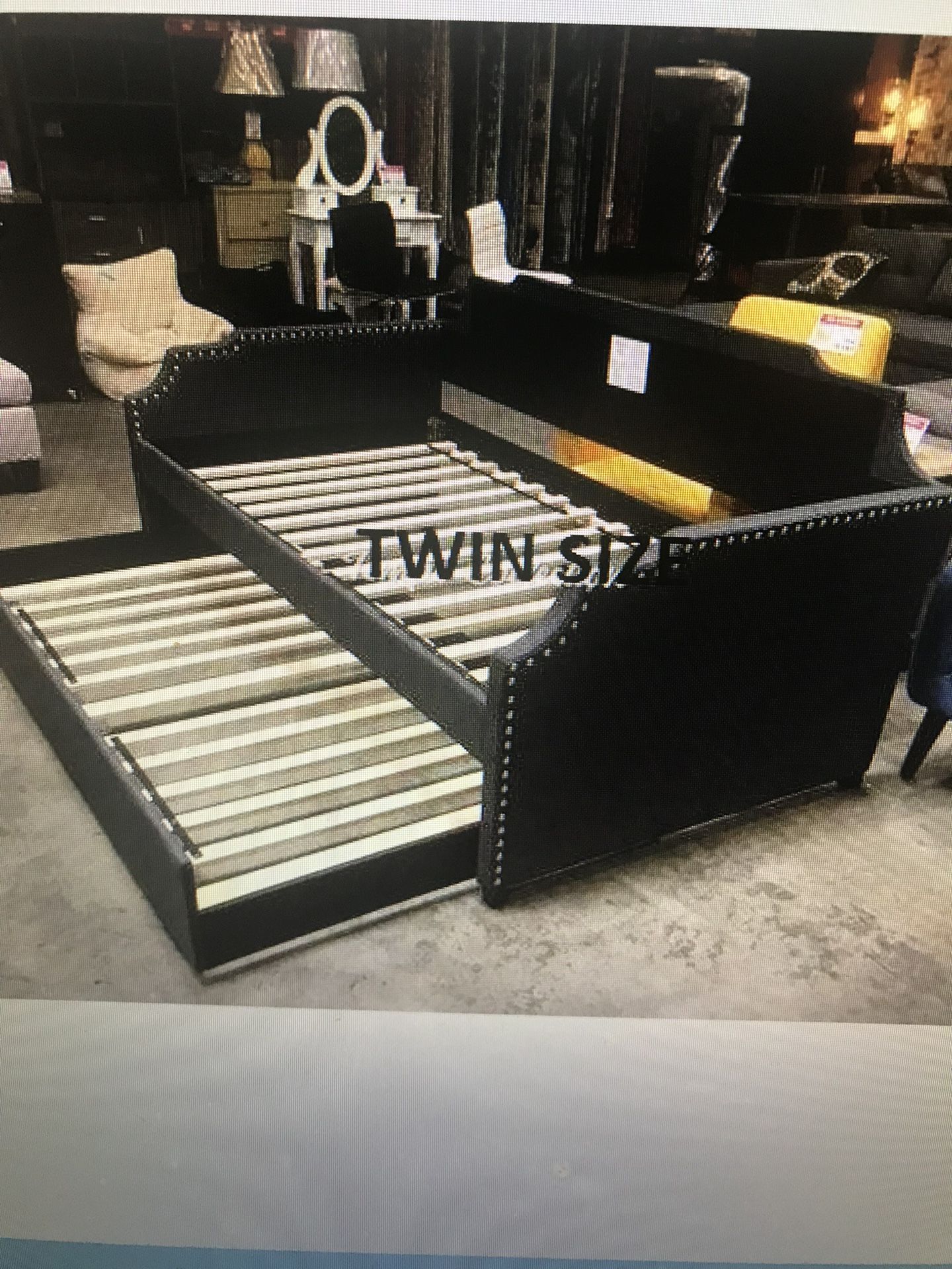 Nailhead daybed with trundle. Charcoal or beige.