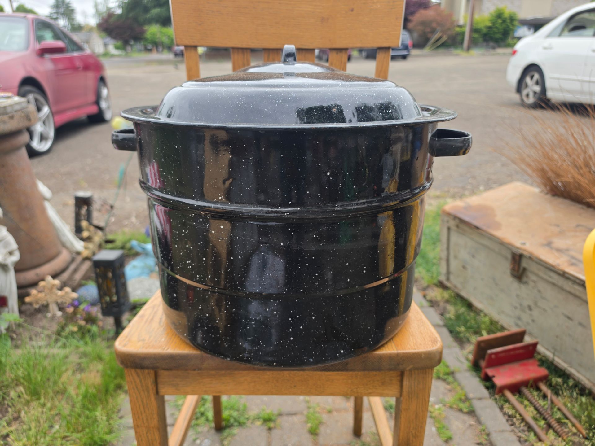 Vintage Black Speckled Enamelware Steamer Pot / Canner