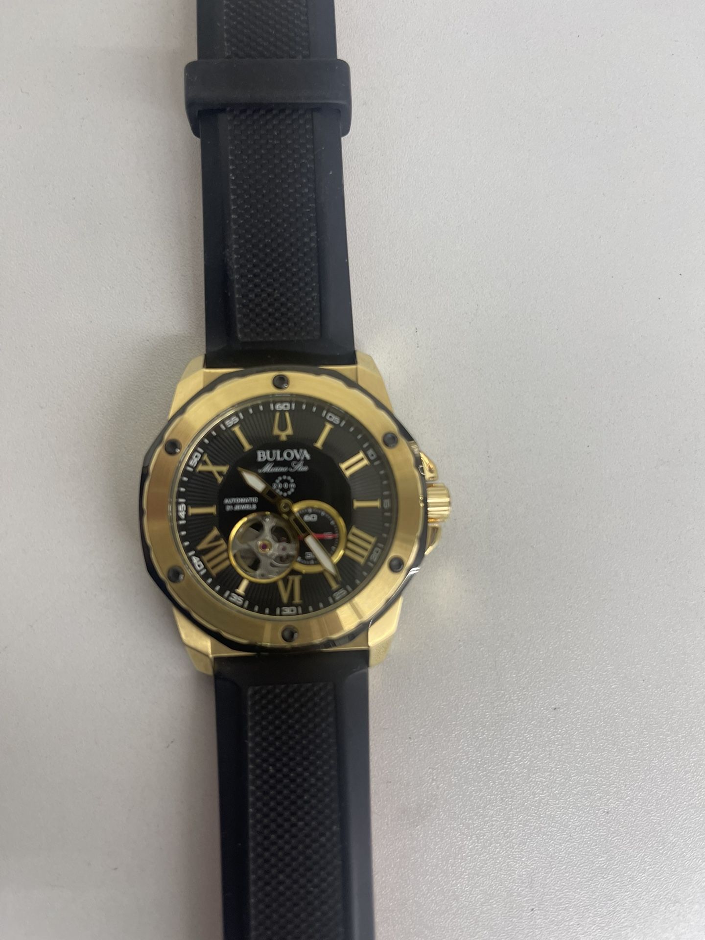 Bulova Watch 98a272 Blk And Red Rubber Band Automatic Movement Watch Working Great And Great Condition.
