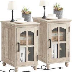 New in box Narrow Side Table Set of 2,Farmhouse Nightstand with Charging Station,End Table with Glass Barn Door Storage, Cabinet Organizer with Adjust