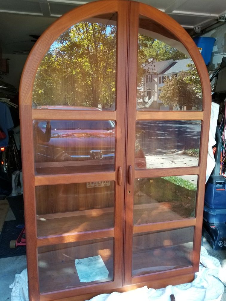 Mid century modern teak wood curio dining cabinet display case