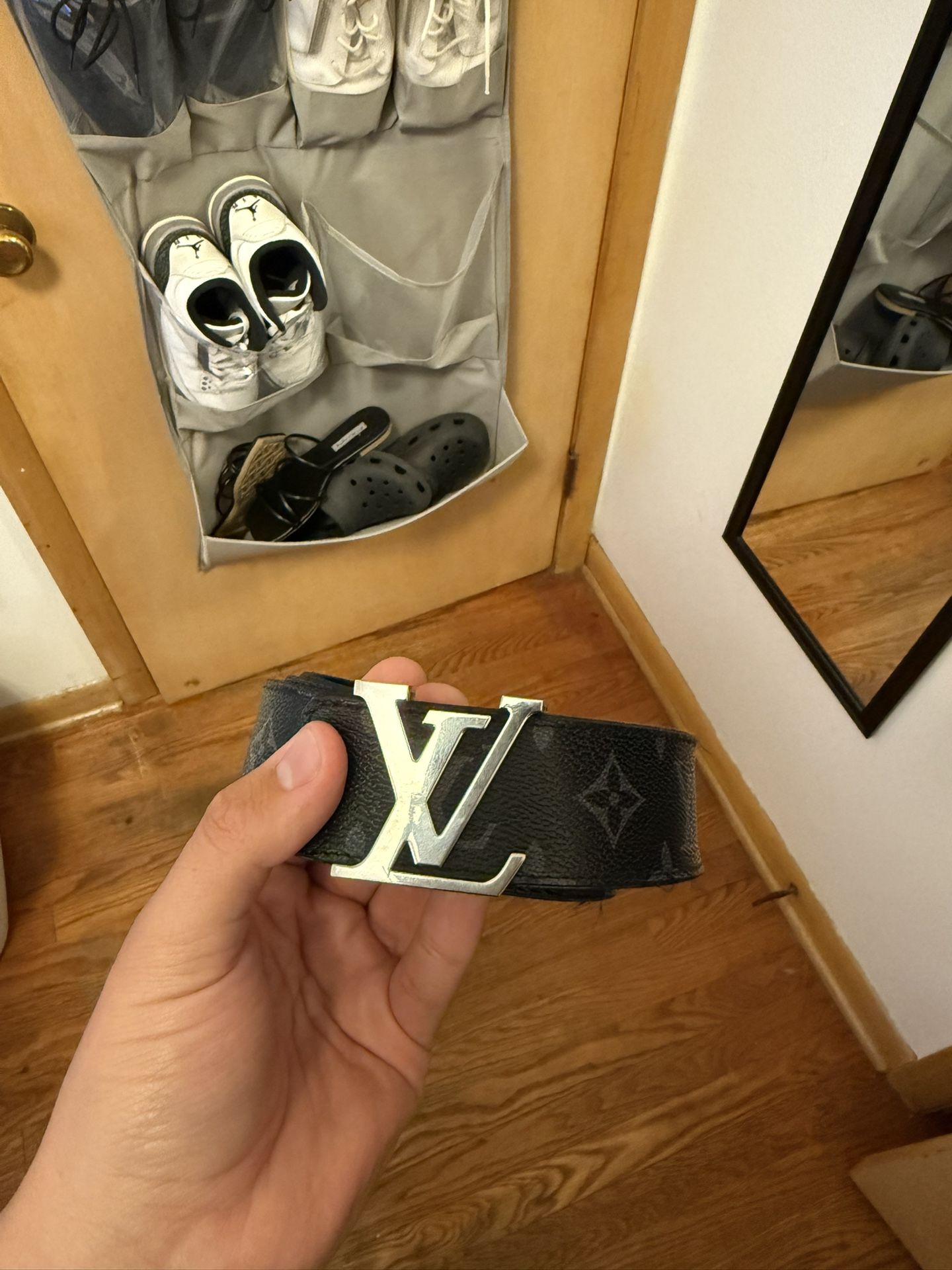 Louis Vuitton Belt Black Flower Silver Buckle Size 38