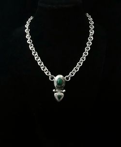16.5" Handcrafted Heavy Solid Sterling Silver Cable Link Necklace w Green Malachite Inlay Hinged Pendant, signed