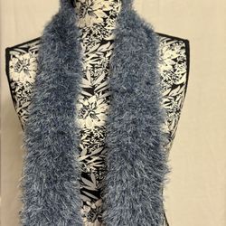 scarf-handmade knitted blue with fun fur yarn light weight and airy