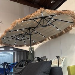 New 13 ft Solar Tiki Umbrella, 36 Solar LED Lights, Thatched, Grass, and Fillable Round Base
