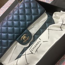 Chanel Small Classic Double Flap Turquoise Iridescent Caviar Light