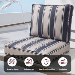 Premium Outdoor Patio Chair Cushions Set 24x24 - Navy & Beige Stripe