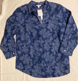 J.Jill Women Button Up Top Blue White Paisley Floral Print 100% Linen Size Small