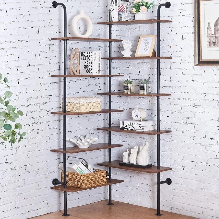 HOMBAZAAR Bookshelf,10-Tier L Shaped, Industrial Double Wide Wall Mount, Modern Bookcase with Metal Frame and Wood, Industrial Corner Pipe Shelf for L