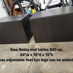 Ikea Besta end tables $40 ea.
24"w x 16"d x 16"h
has adjustable feet 
