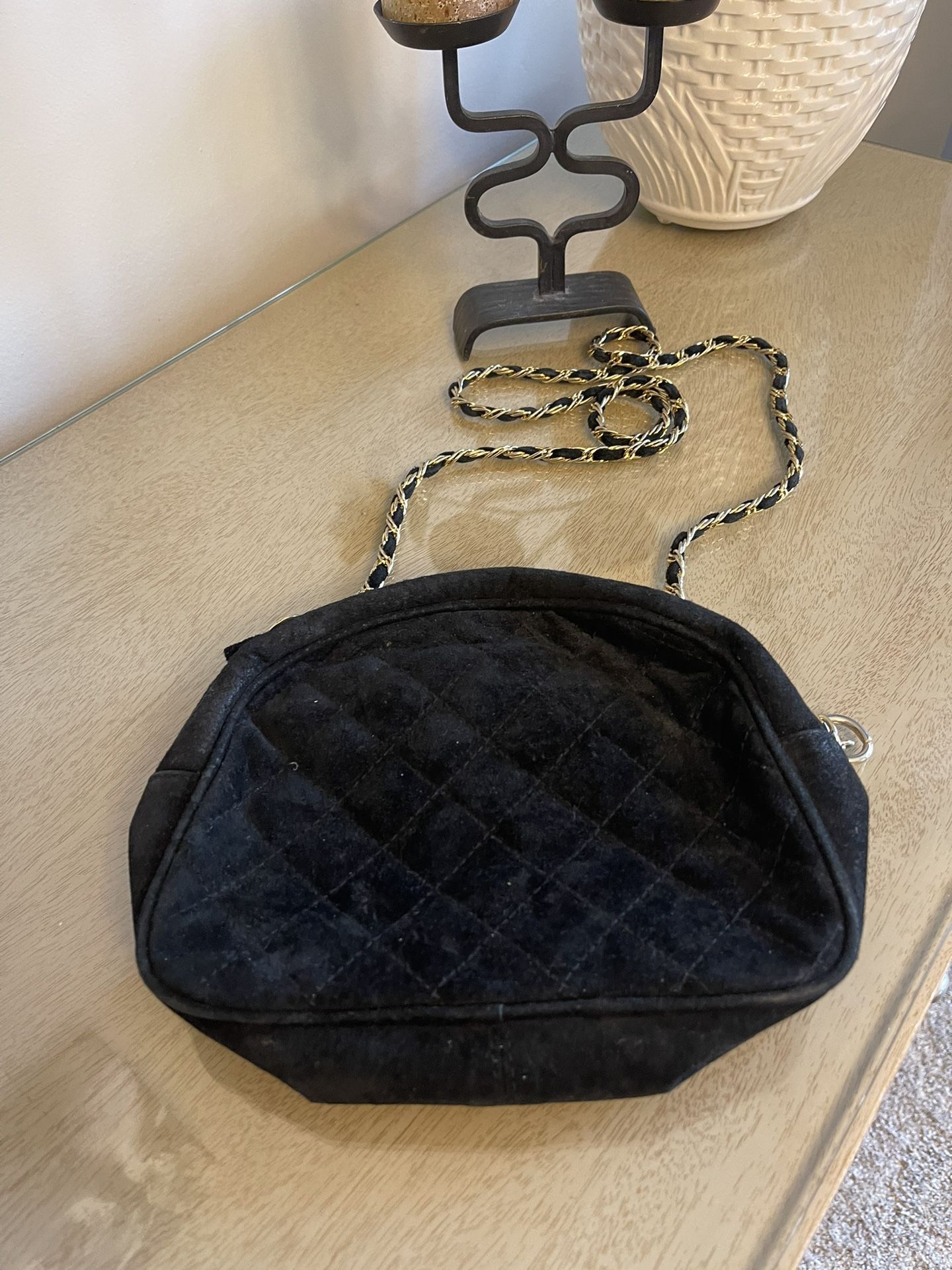 Vintage Black Suede Leather Purse With Gold Chain 