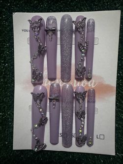 Purple Press-On Nails with Butterfly Charms