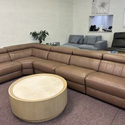 Furniture- 100% Real Semi Aniline Leather 5 Pc Sectional With 3 Power Recliners- Rinan