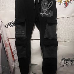 Men's Black Cargo Jogger Pants with Patch Details