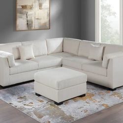 4-pc Sectional Sofa With Ottoman Beige Corduroy Fabric 