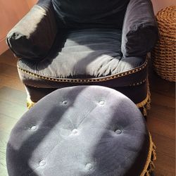 Vintage Black Velvety Soft Comfy Chair With Ottoman