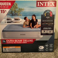 (NEW IN BOX- NEVER OPENED) Queen Intex 15" Raised Air Mattress + Built-in Electric Pump