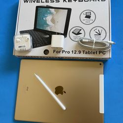  128GB Apple IPad Pro 12.9” (Retina /Touch ID / IOS 16) WiFi + cellular (Unlocked) with keyboard, case,  pen & Accesories (Apple Largest Tablet) 