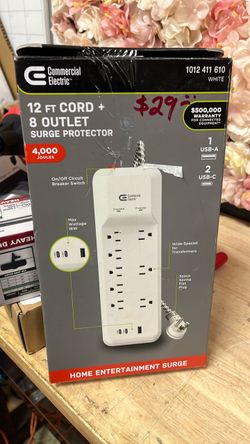 Commercial Electric 12 ft. 8-Outlet Surge Protector Braided Cord with 1 USB-A and 2 USB-C, White