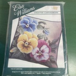 Vintage Elsa Williams Floral Pansy Crewel Embroidery Pillow Kit 14x14 