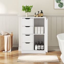 New Bathroom Floor Storage Cabinet, Wooden Storage Organizer with 4 Drawers and 1 Door, Freestanding Pantry Cabinet with Adjustable Shelves for Bathro