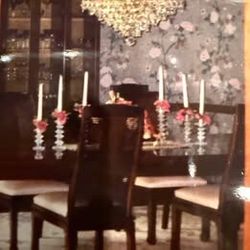 Bernhardt furniture carved Shibui Asian dining table with 8 chairs China Cabinet and Buffet Cabine