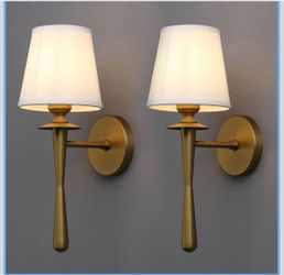 SET OF 2 Yosoan Brass Gold Retro Boho Linen Fabric Wall Sconce Hardwire or Use Rechargeable Bulbs - brand new