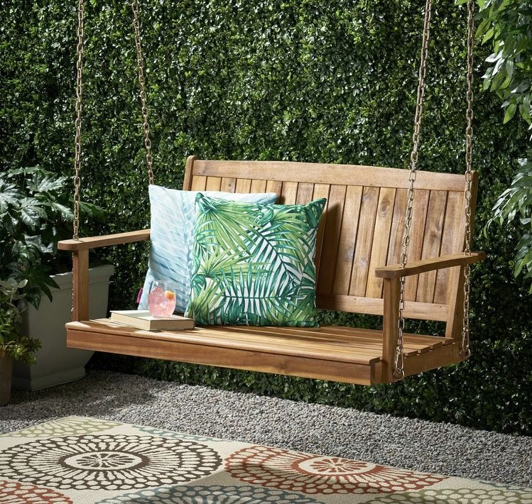 New in Box Outdoor Acacia Wood Porch Swing Chair, Wooden Hanging Chair, Hanging Bench, Teak Finish