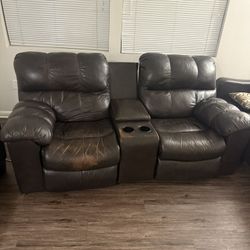 Dark Brown Leather Reclining Sofa + Loveseat Set with Center Console