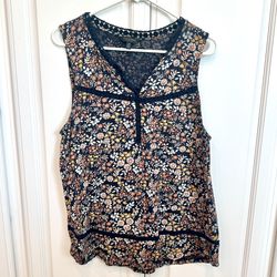 💙 Pretty navy blue & multicolored floral & leaf print sleeveless top shirt blouse