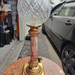 Mid  20 Th Century Torch Brass Cristal Cut Brass  Lamp And A Vintage Marble Table 