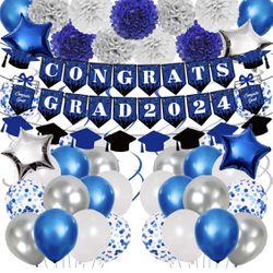 Blue Graduation Party Decorations, 2024 Congrates Grad Banner Blue White Silver Paper Pompoms Hanging Swirl Star Foil Balloons Confetti Balloons for C