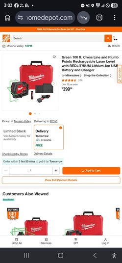 Milwaukee
Green 100 ft. Cross Line and Plumb Points Rechargeable Laser Level with REDLITHIUM Lithium-Ion USB Battery and Charger