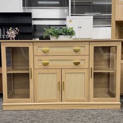 Fully Assembled✨ 58.27’’ Buffet Cabinet with 2 Drawers and Adjustable Shelves — Large Glass-Door Coffee Bar Cabinet, Modern Farmhouse Sideboard/Crede