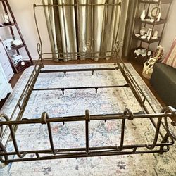 3PC Brown Jordan Iron Queen Bed Frame and 2 Glass Top Nightstands