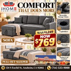 Pull-Out Sleeper Sofa with Storage Chaise reversible W pull voice fabric dark grey